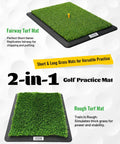 Dual Turf Golf Hitting Mat With Replaceable Surfaces And Tees, Indoor Outdoor Swing Trainer with fairway and rough turf surfaces