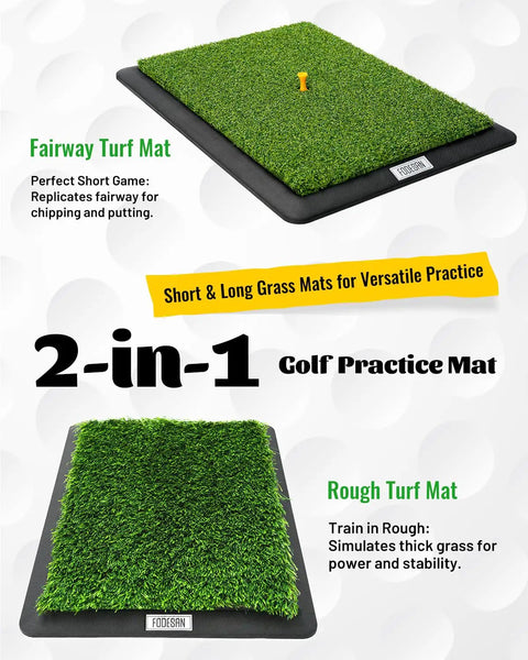Dual Turf Golf Hitting Mat With Replaceable Surfaces And Tees, Indoor Outdoor Swing Trainer with fairway and rough turf surfaces