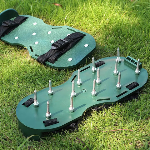 Eight Piece Lawn Aerator Shoes With Heavy Duty Straps And Spikes For Garden And Patio on grass
