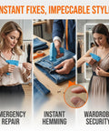 Handheld No Sew Clothing Repair Tool With Seven Color Fasteners, Quick One Click Hem And Strap Fixer For Emergency Wardrobe Snags, No Sweat Garment Mender For Fast Fixes On The Fly in use by individuals fixing hems.