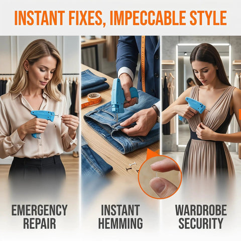 Handheld No Sew Clothing Repair Tool With Seven Color Fasteners, Quick One Click Hem And Strap Fixer For Emergency Wardrobe Snags, No Sweat Garment Mender For Fast Fixes On The Fly in use by individuals fixing hems.