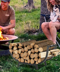 30 Inch Firewood Rack For Indoor And Outdoor Use Beefy Heavy Duty Steel Frame Log Holder beside campfire setup