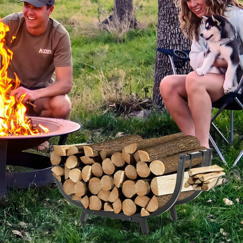 30 Inch Firewood Rack For Indoor And Outdoor Use Beefy Heavy Duty Steel Frame Log Holder beside campfire setup