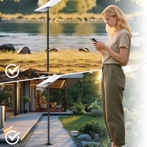 Person near a Gen 3 Satellite Dish Pole Mount Kit 10 Foot Ground Mount with Pipe Adapter, shown in outdoor installation setting