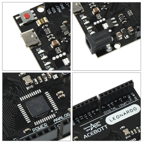 ATmega32U4 Arduino Compatible Microcontroller Board With USB Type C Cable, DIY Starter Kit, 7 To 12V Input, 16MHz Clock, 20 Digital IO Pins With PWM, 2.5KB SRAM, Ideal For Prototyping Projects And Learning Electronics, black PCB close-up