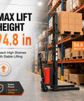 Walkie Pallet Stacker Semi Electric 3300 Lb Capacity 94 Inch Lift Height 48 Volt Battery Powered in warehouse with high shelves.