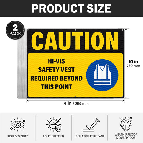 Caution Hi Vis Safety Vest Required Beyond This Point Sign Durable Rust Free Aluminum With UV Protected Print Waterproof Outdoor Warning Sign For Industrial Areas Highly Reflective For Day And Night Visibility, 14x10 in 2-pack