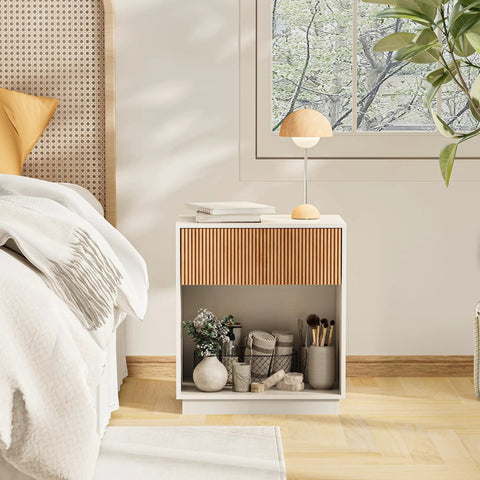 Fluted Nightstands Set Of 2 Dope Modern Bedside Tables With Drawer And Storage Shelf White Oak Finish For Bedroom Living Room Office Mid Century Vibe Collection in a cozy bedroom setting.