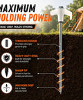 Illustration of 15 Pack 8 Inch Heavy Duty Screw In Tent Stakes Drill In Ground Anchor showing features like threaded design and steel.