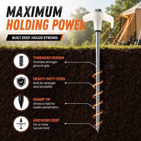 Illustration of 15 Pack 8 Inch Heavy Duty Screw In Tent Stakes Drill In Ground Anchor showing features like threaded design and steel.