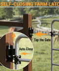 Self-closing heavy duty farm latch on a wooden gate designed for livestock, illustrating tap and auto-close features.