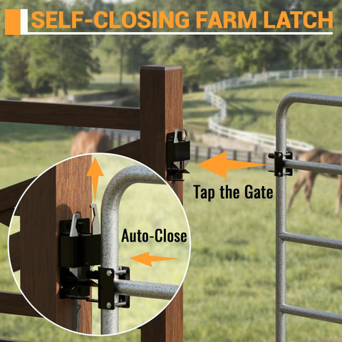 Self-closing heavy duty farm latch on a wooden gate designed for livestock, illustrating tap and auto-close features.