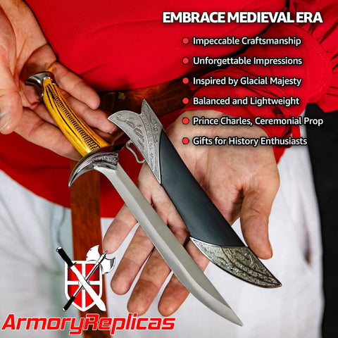 Medieval Arming Dagger Replica For Reenactment And Cosplay With 440 Stainless Steel Blade, Wood Grip, Silver Pommel, Hard Scabbard
