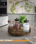 Round Walnut Wood Go To Lazy Susan Turntable Organizer on kitchen island with jars and plant, farmhouse style kitchen storage.
