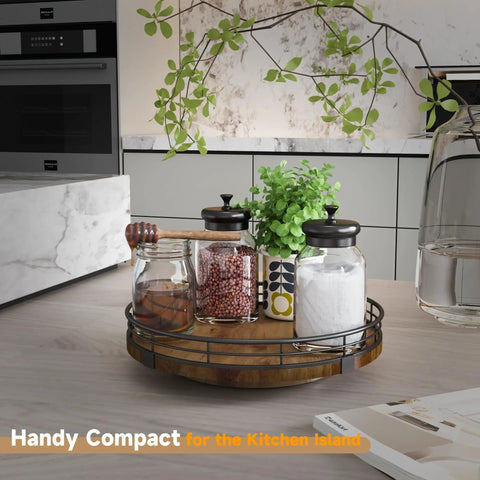 Round Walnut Wood Go To Lazy Susan Turntable Organizer on kitchen island with jars and plant, farmhouse style kitchen storage.