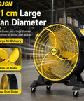 Heavy Duty Industrial Floor Fan 35.8 Inch Brushless Drum Circulator Rolling On Caster Wheels Pumping Out 21800 M3h Airflow, wide yellow blades.