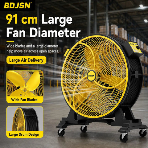 Heavy Duty Industrial Floor Fan 35.8 Inch Brushless Drum Circulator Rolling On Caster Wheels Pumping Out 21800 M3h Airflow, wide yellow blades.