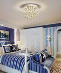 Bedroom with Six-Light Modern Crystal Chandelier With K9 Crystals, Flush Mount Ceiling Fixture, Raindrop Style displayed above bed