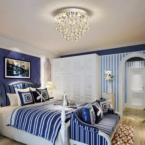 Bedroom with Six-Light Modern Crystal Chandelier With K9 Crystals, Flush Mount Ceiling Fixture, Raindrop Style displayed above bed