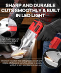 Milwaukee M18 18V Battery Cordless Metal Shear Cutter With 295 Feet Pounds Torque Power in use, highlighting sharp chrome vanadium blade.