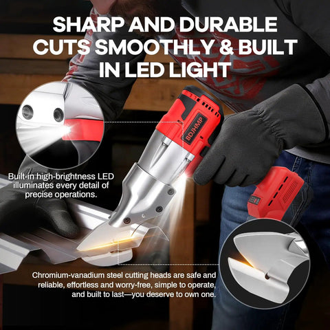 Milwaukee M18 18V Battery Cordless Metal Shear Cutter With 295 Feet Pounds Torque Power in use, highlighting sharp chrome vanadium blade.