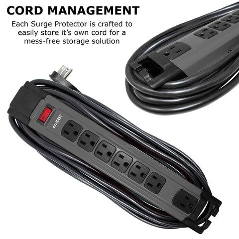 Beefy 25 Ft 7 Outlet Metal Surge Protector Power Strip With 14 AWG Cord, 1350 Joules, flat plug, grey housing, coiled cord