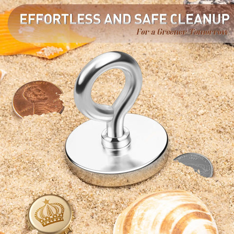 Fishing Magnet 1.76 Inch With 200 Pound Pull Neodymium Rare Earth Round Magnet With Lifting Eye Bolt on sand