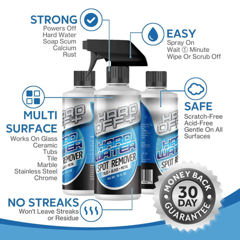Hard Off Plus Hard Water Stain And Spot Remover 16oz bottles showing features like multi-surface use, easy spray, and 30-day guarantee