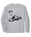 Gray long-sleeve tee with mountain paraglider design, showcasing paramotor paragliding themed tee with durable stitching.