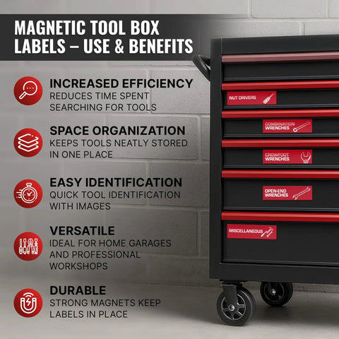 90 Pcs Magnetic Toolbox Labels Set Red 3.5x1 Inch for Tool Box Drawers with Strong Magnetic Backing on tool chest drawers