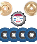 Pro Level Angle Grinder Accessory Kit Kicking Serious Tail With Wood Shaping Flap Sanding Wheels And Tough Chain Carving Discs For 4 Half Inch Grinders, includes 3 flap sanding wheels and 1 wood carving disc.