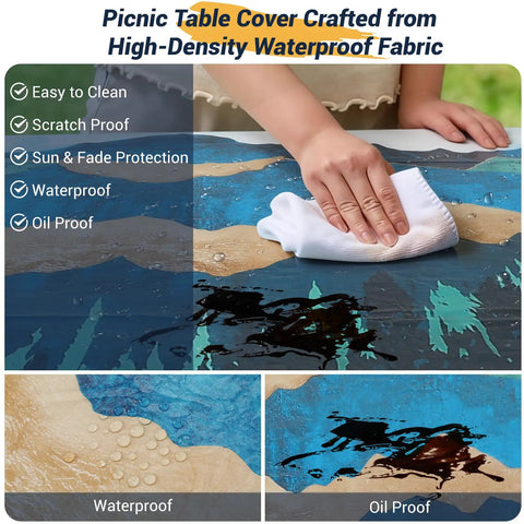 All In One Picnic Table Cover Set With Bench Covers For 6 Foot Tables And 72 Inch Benches Elastic Edges And Drawstring Storage Bag Fits 72 X 30 Inch Tables Blue Green Outdoor Camping Essentials showing waterproof fabric being wiped clean