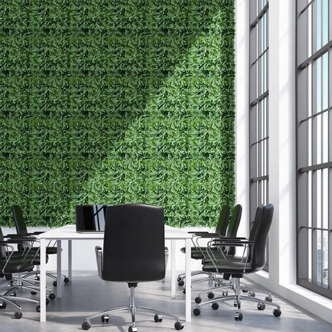 Realistic Fake Ivy Privacy Fence Screen 40x120 Inches For Indoor Outdoor Use in a modern office setting with large windows