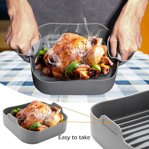 Air Fryer Silicone Pot Set For 8 Qt Dual DZ201 DZ401, gray liner with cooked chicken, nonstick, reusable, BPA free.