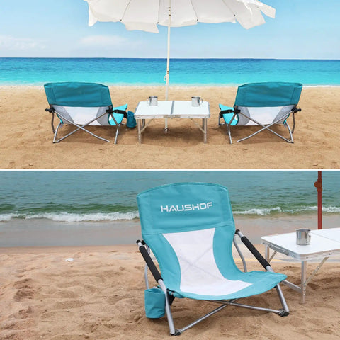 Low Beach Chair With Mesh Back And Cup Holder, Foldable Camp Chair for outdoor use on sandy beach with ocean view