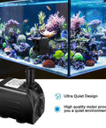 Ultra Quiet Submersible Water Pump 300GPH 1100L/H 21W setup in a vibrant aquarium with colorful coral and swimming fish