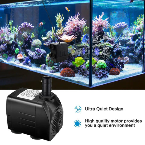 Ultra Quiet Submersible Water Pump 300GPH 1100L/H 21W setup in a vibrant aquarium with colorful coral and swimming fish