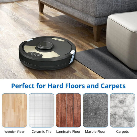 Robot vacuum on wooden floor, image showing compatibility with hardwood, tile, laminate, marble, carpets. Six Pack Vacuum Mop Replacement Pads, Washable Microfiber Pads For Robot Vacuums RV2000-2002 Series, Easy Fit Grime Busting Cleaning Accessory, Reusable Soft Pads For Pet Hair, Dirt, And Hard Floors