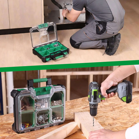 Person using 13.5 Inch Small Parts Organizer Box With Stackable Design, 7 Compartments And Removable Dividers, IP65 Waterproof.