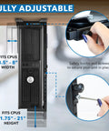Heavy Duty Under Desk Computer Tower Holder With Slick Swivel Design And Generous Adjustable Fit To Keep Your Badass Gaming Rig Dust Free And Your Workspace Looking Sharp showing adjustable height and width settings.