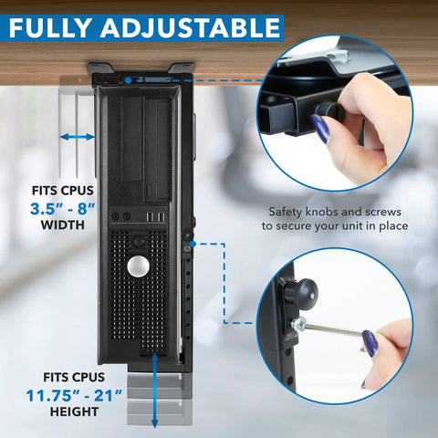 Heavy Duty Under Desk Computer Tower Holder With Slick Swivel Design And Generous Adjustable Fit To Keep Your Badass Gaming Rig Dust Free And Your Workspace Looking Sharp showing adjustable height and width settings.