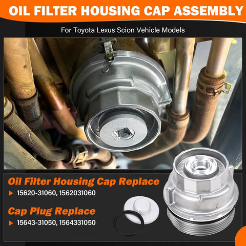 Oil Filter Housing Cap Assembly With Plug And Gasket Direct OEM Replacement For Camry RAV4 Highlander Sienna Tacoma Tundra 4Runner And Lexus RX350 ES350 installed view