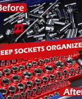 Before and after using Two Piece Half Inch Drive Metric Magnetic Socket Organizer Set Holds Nineteen Sockets With Detachable Tool Tray And 5mm Magnetic Base Built Tough For Garage And Home Workshop