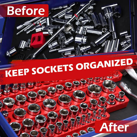 Before and after using Two Piece Half Inch Drive Metric Magnetic Socket Organizer Set Holds Nineteen Sockets With Detachable Tool Tray And 5mm Magnetic Base Built Tough For Garage And Home Workshop