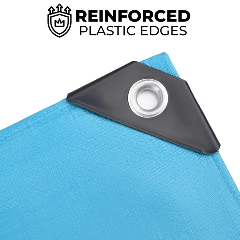Corner view of Blue Heavy Duty Waterproof Tarp 12x20 Ft 12 Mil Thick with reinforced plastic edges and metal grommet