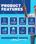 Man holding Crazy Fun Rope Launcher Toy for Kids and Adults with product features displayed, including bold blue color.