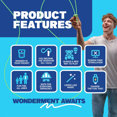 Man holding Crazy Fun Rope Launcher Toy for Kids and Adults with product features displayed, including bold blue color.