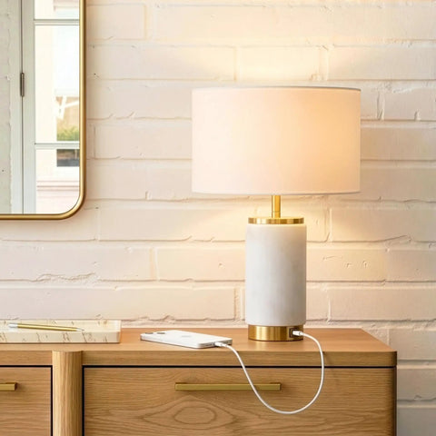 Arden LED Table Lamp With USB Port Charge Your Phone Or Tablet Bedside Reading Light On Wooden Desk With Marble Finish