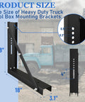 Beefy 18x18 Inch Bolted Underbody Truck Tool Box Mounting Brackets Black Steel Set Of 2 with size dimensions visible
