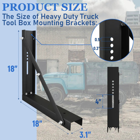 Beefy 18x18 Inch Bolted Underbody Truck Tool Box Mounting Brackets Black Steel Set Of 2 with size dimensions visible